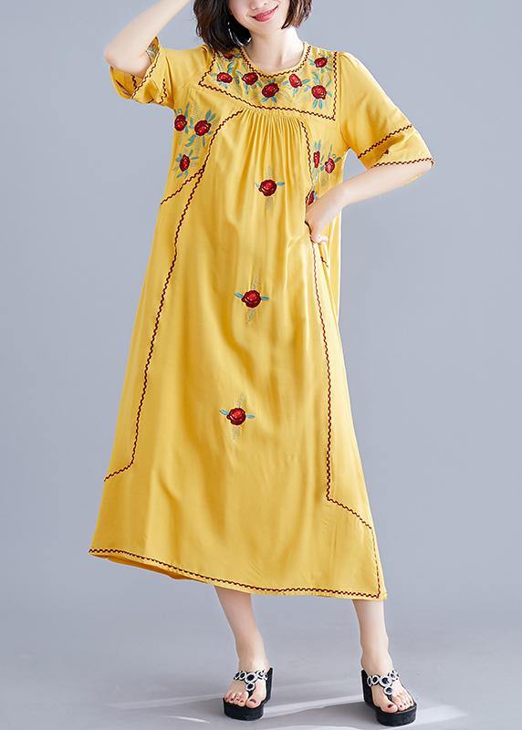 O Neck Cinched Cotton Linen Robes Fabrics Yellow Embroidery Dresses Summer