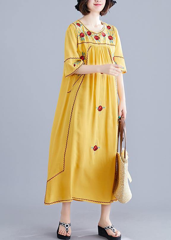 O Neck Cinched Cotton Linen Robes Fabrics Yellow Embroidery Dresses Summer