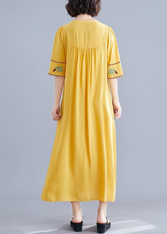 O Neck Cinched Cotton Linen Robes Fabrics Yellow Embroidery Dresses Summer