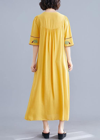 O Neck Cinched Cotton Linen Robes Fabrics Yellow Embroidery Dresses Summer