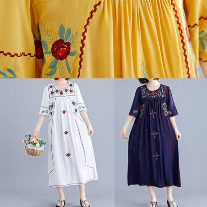 O Neck Cinched Cotton Linen Robes Fabrics Yellow Embroidery Dresses Summer
