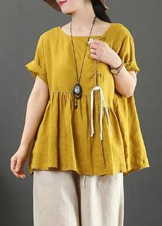 O Neck Cinched Linen Clothes Design Yellow Shirts
