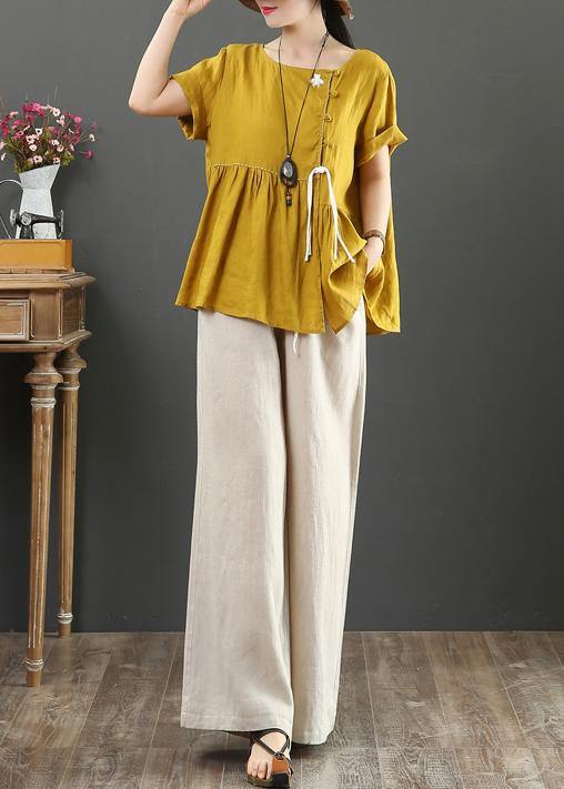 O Neck Cinched Linen Clothes Design Yellow Shirts