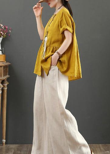 O Neck Cinched Linen Clothes Design Yellow Shirts