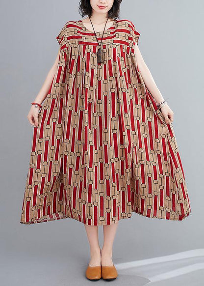 O Neck Cinched Summertunics Fabrics Red Print Long Dress