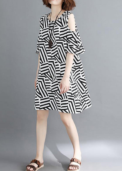 Off the Shoulder Cotton Quilting Dresses Fun Work Black Striped Dresses Summer