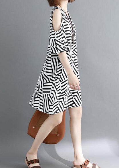 Off the Shoulder Cotton Quilting Dresses Fun Work Black Striped Dresses Summer