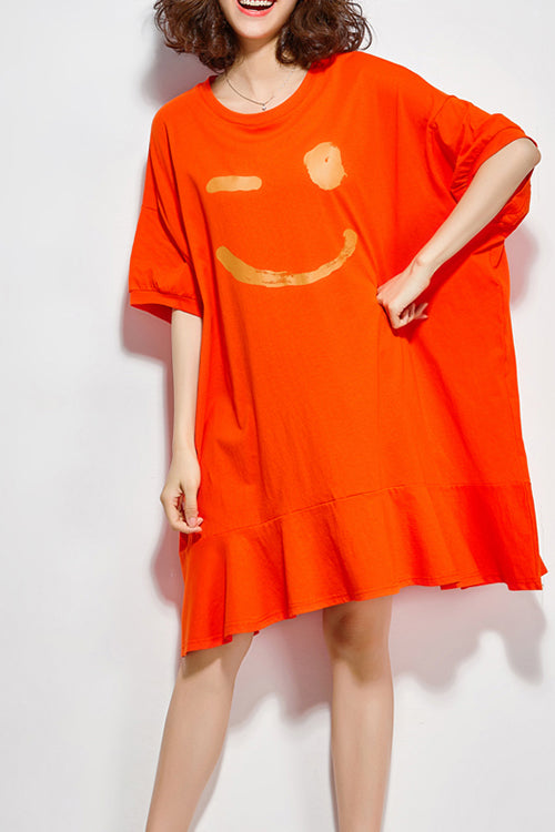 Orange Cotton Dresses Fitted Sewing O Neck Half Sleeve Knee Summer Dress