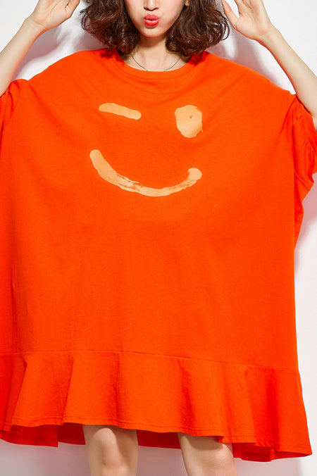 Orange Cotton Dresses Fitted Sewing O Neck Half Sleeve Knee Summer Dress