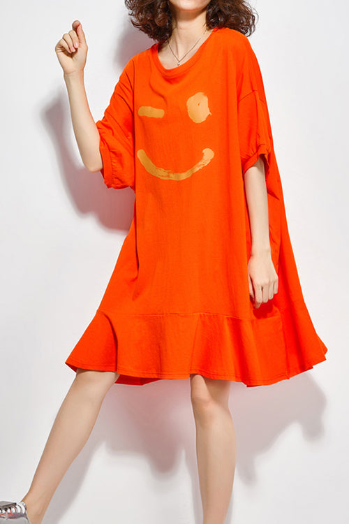 Orange Cotton Dresses Fitted Sewing O Neck Half Sleeve Knee Summer Dress