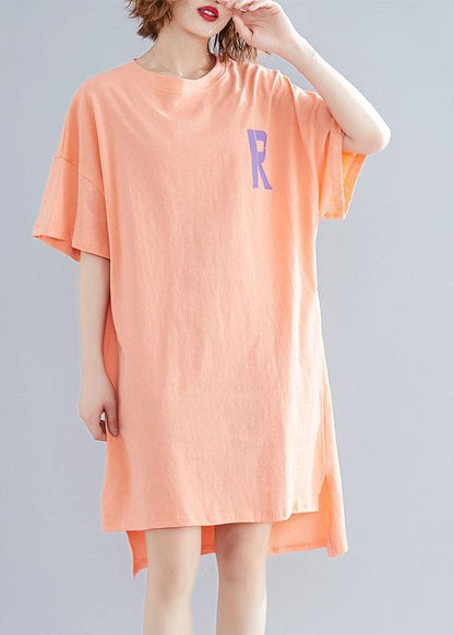 Orange Print Linen Wardrobes O Neck Side Open Cotton Summer Dress