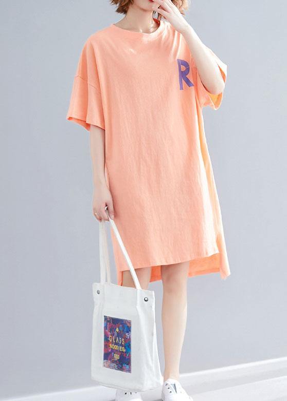Orange Print Linen Wardrobes O Neck Side Open Cotton Summer Dress