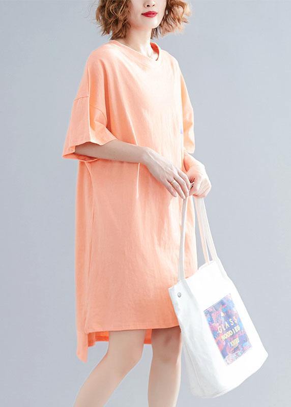 Orange Print Linen Wardrobes O Neck Side Open Cotton Summer Dress