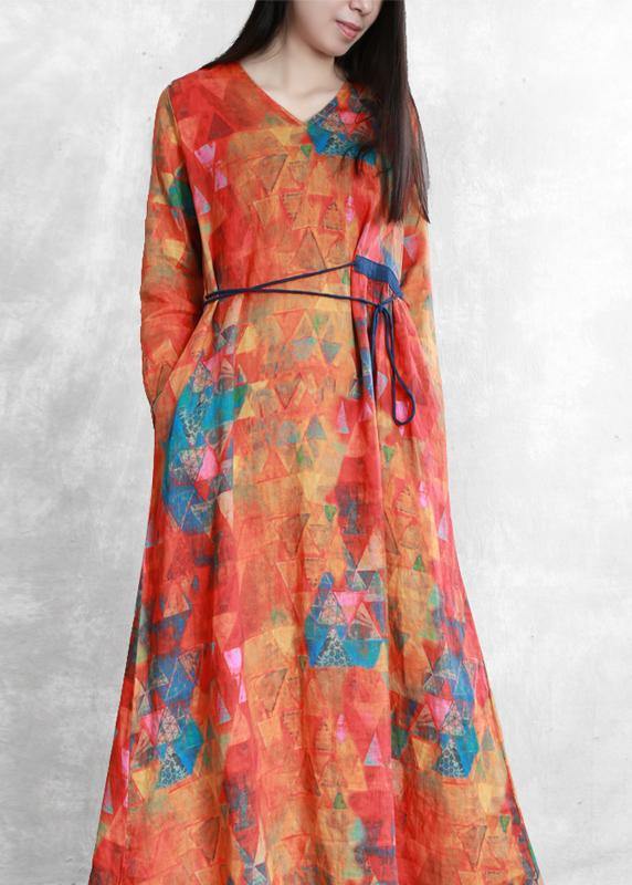 Orange Print Linen Clothes V Neck Tunic Long Summer Dresses