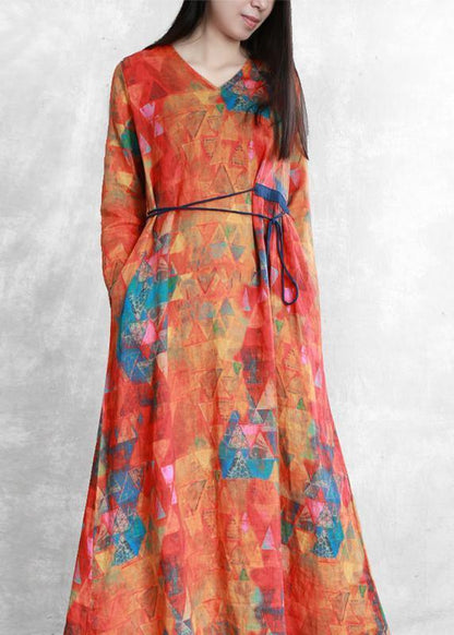 Orange Print Linen Clothes V Neck Tunic Long Summer Dresses