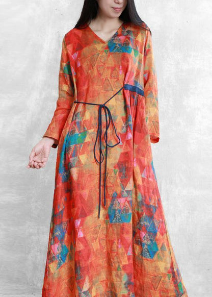 Orange Print Linen Clothes V Neck Tunic Long Summer Dresses
