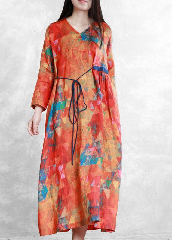 Orange Print Linen Clothes V Neck Tunic Long Summer Dresses