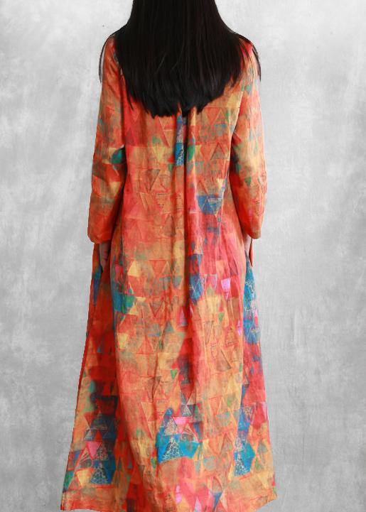 Orange Print Linen Clothes V Neck Tunic Long Summer Dresses