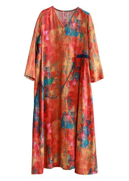 Orange Print Linen Clothes V Neck Tunic Long Summer Dresses