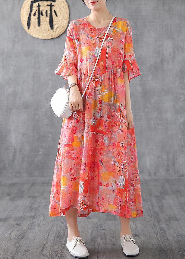 Orange Print Linen Dress O Neck Petal Sleeve Robe Summer Dress