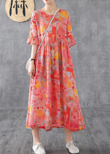 Orange Print Linen Dress O Neck Petal Sleeve Robe Summer Dress