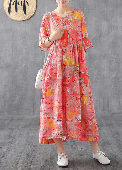Orange Print Linen Dress O Neck Petal Sleeve Robe Summer Dress