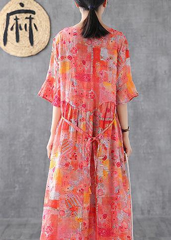Orange Print Linen Dress O Neck Petal Sleeve Robe Summer Dress