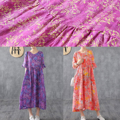 Orange Print Linen Dress O Neck Petal Sleeve Robe Summer Dress