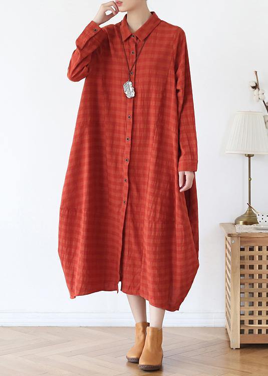 Orange Red Dresses Lapel Button Down Maxi Fall Dress