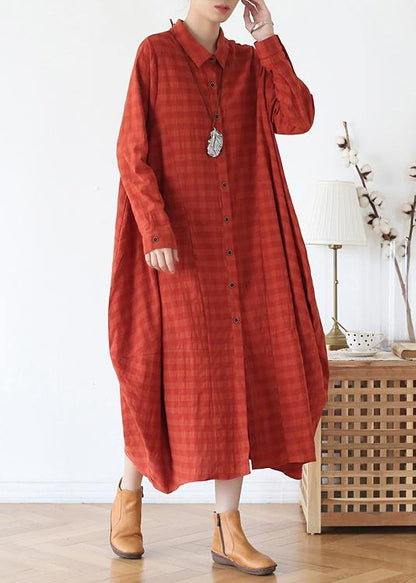 Orange Red Dresses Lapel Button Down Maxi Fall Dress