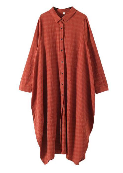 Orange Red Dresses Lapel Button Down Maxi Fall Dress