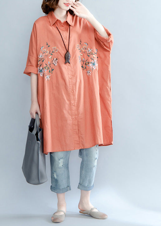 Orange Red Linen Crane Tops Tutorials Lapel Embroidery Summer Shirt