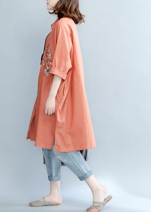 Orange Red Linen Crane Tops Tutorials Lapel Embroidery Summer Shirt