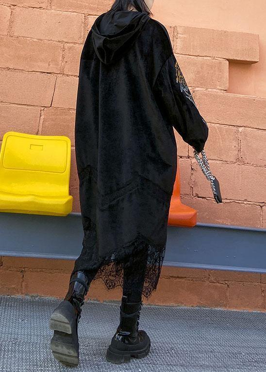 Patchwork Lace Alphabet Pattern Catwalk Black Hooded Maxi Dress