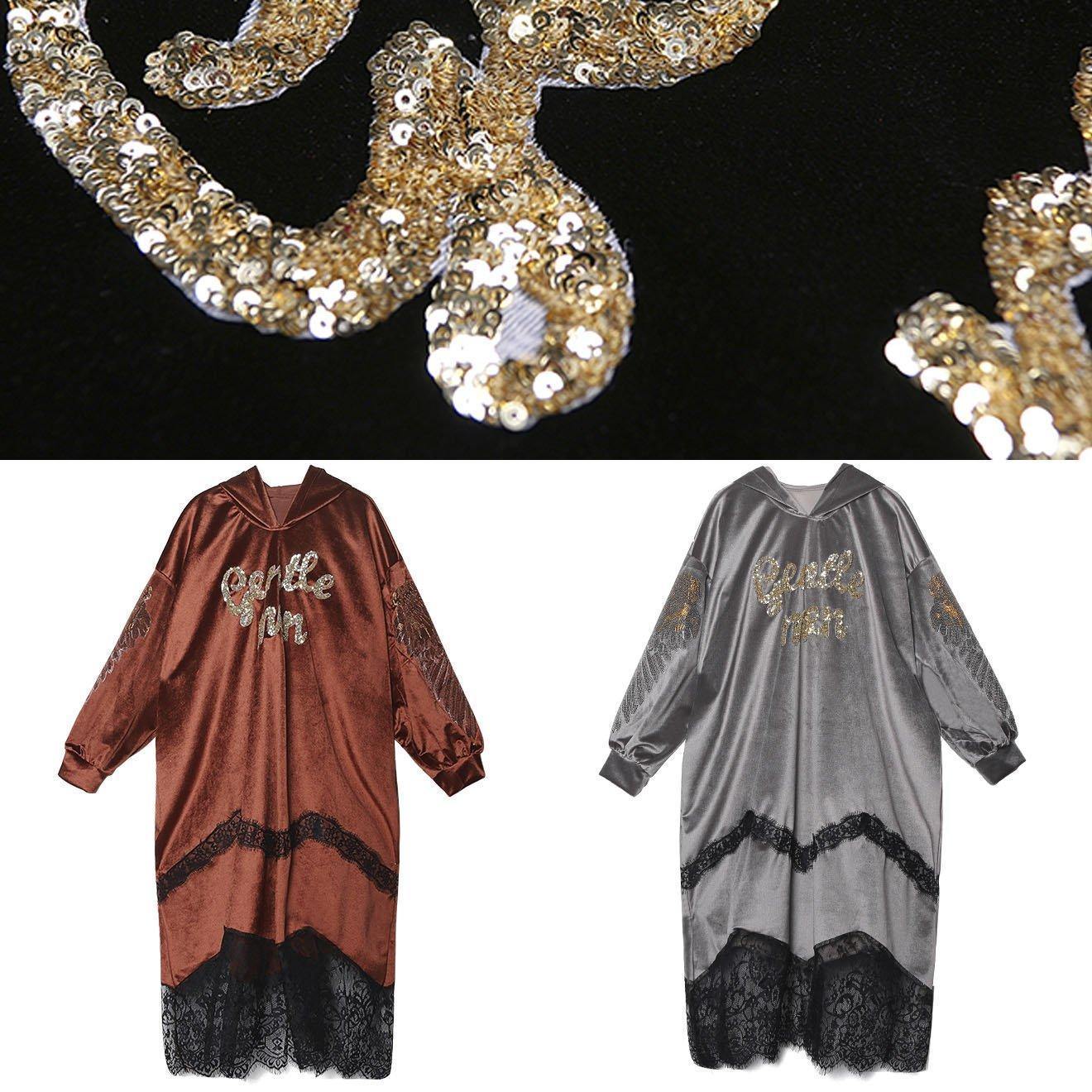 Patchwork Lace Alphabet Pattern Catwalk Black Hooded Maxi Dress