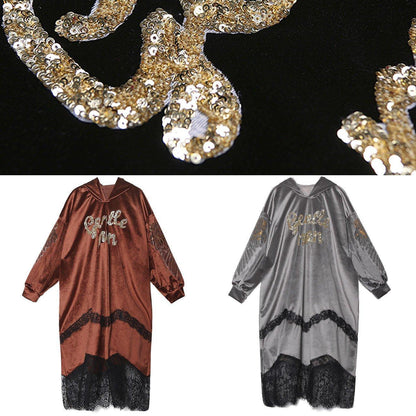Patchwork Lace Alphabet Pattern Catwalk Black Hooded Maxi Dress