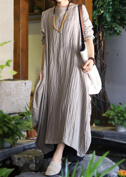 Patchwork Linen Robes Sleeve Nude Dresses Fall