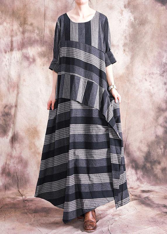 Patchwork Linen Clothes Sewing Gray Striped Dress Fall