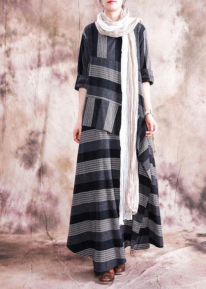 Patchwork Linen Clothes Sewing Gray Striped Dress Fall