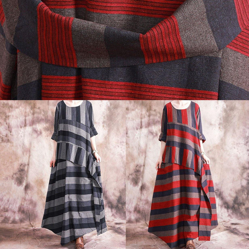 Patchwork Linen Clothes Sewing Gray Striped Dress Fall