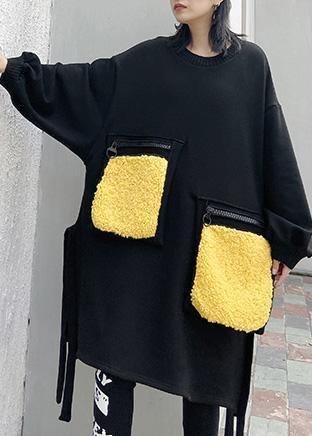 Women patchwork pockets Cotton side open clothes Women linen black Dress
