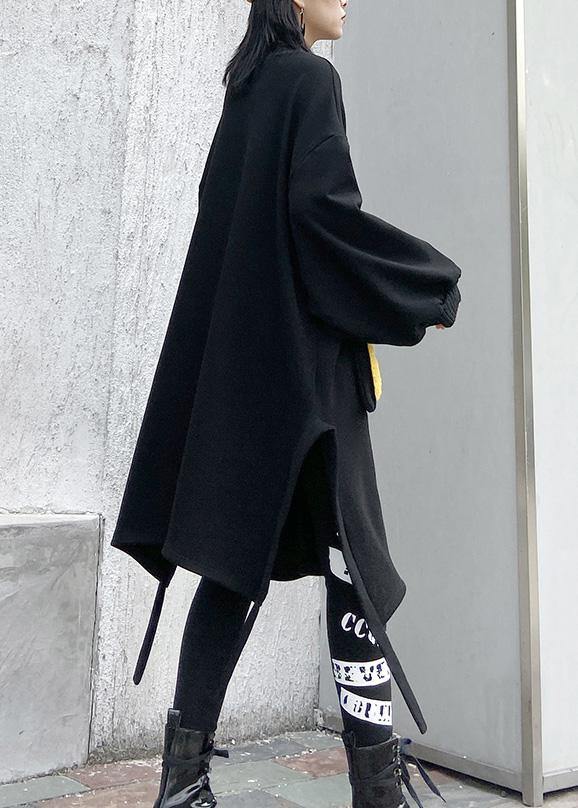 Women patchwork pockets Cotton side open clothes Women linen black Dress