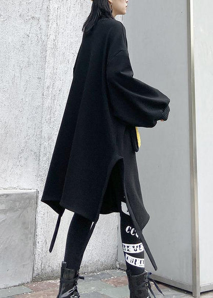 Women patchwork pockets Cotton side open clothes Women linen black Dress