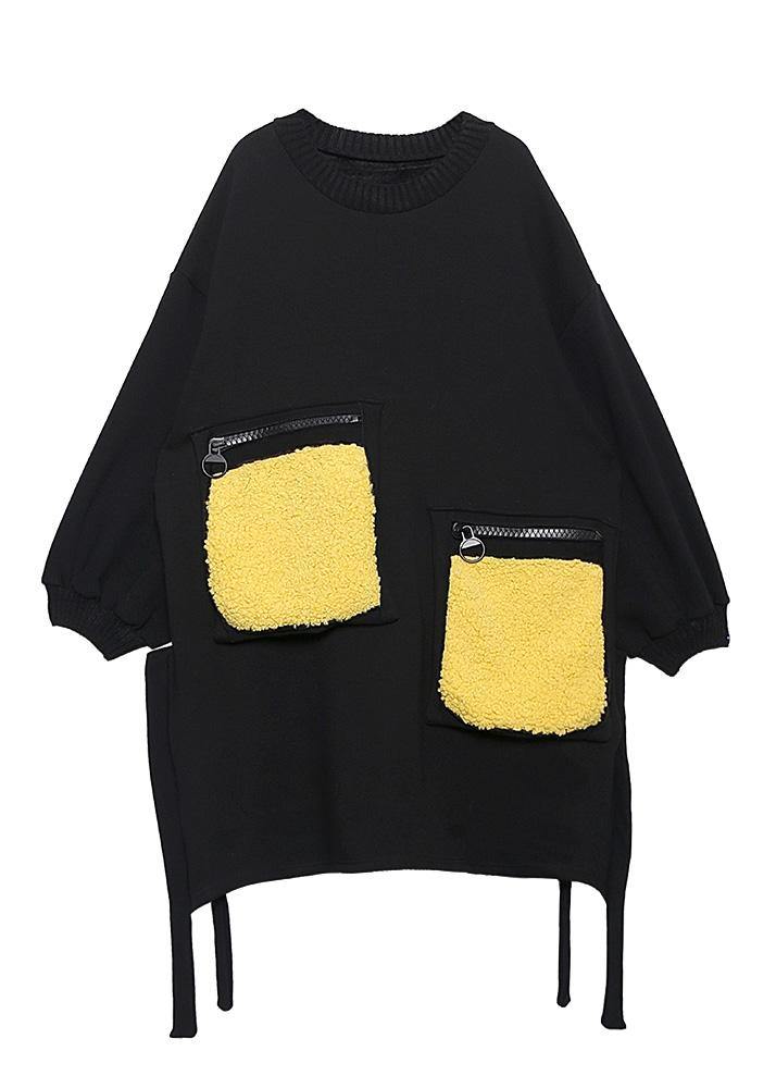 Women patchwork pockets Cotton side open clothes Women linen black Dress
