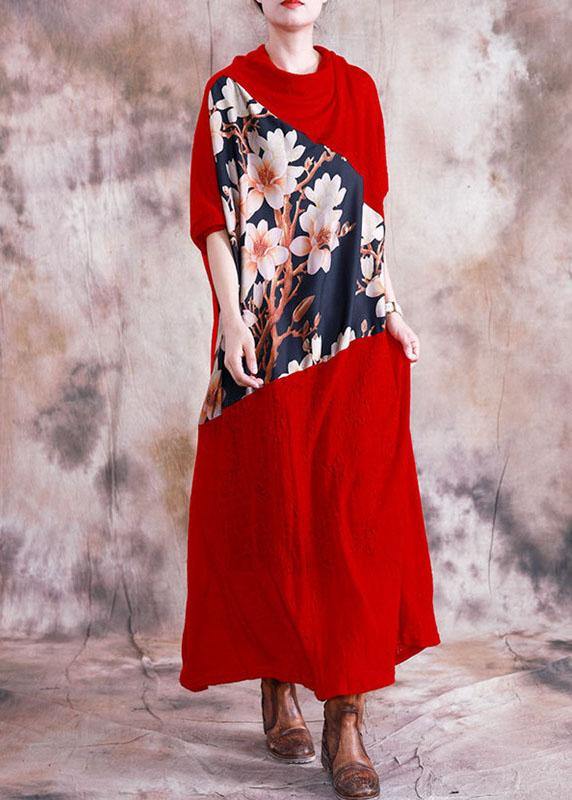 Patchwork Prints Clothes for Neckline Red Long Dress Fall