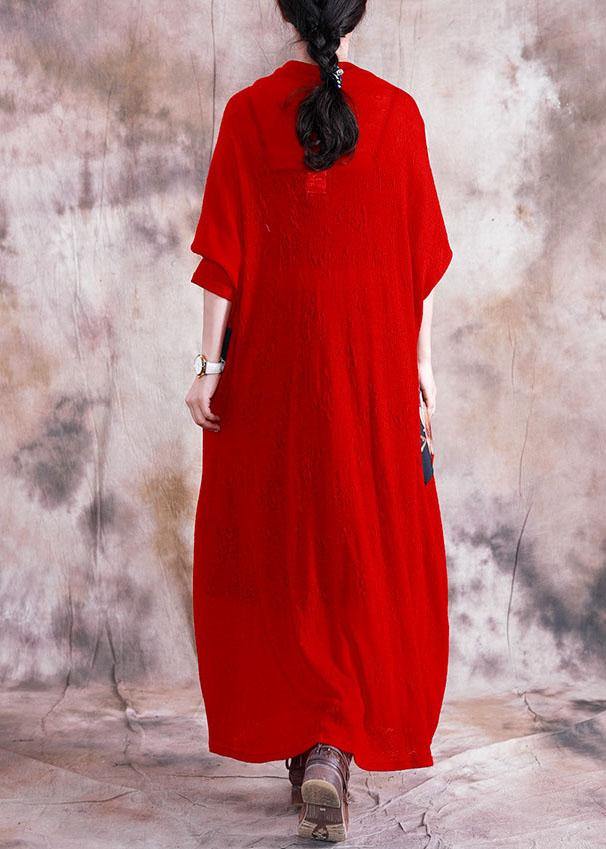 Patchwork Prints Clothes for Neckline Red Long Dress Fall
