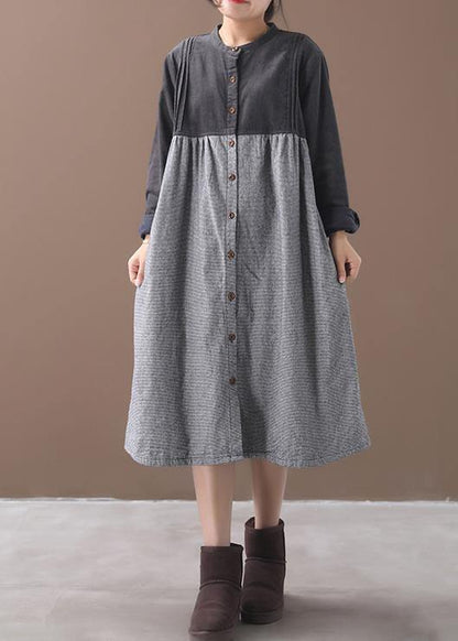 Patchwork White Plaid Quilting Dresses O Neck Button Maxi Dresses