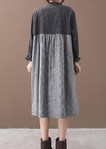 Patchwork White Plaid Quilting Dresses O Neck Button Maxi Dresses