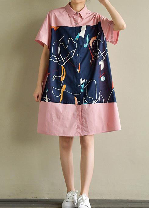 Pink Cotton Quilting Clothes Lapel Patchwork Knee Summer Dress