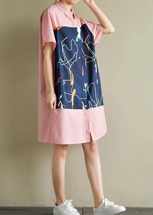 Pink Cotton Quilting Clothes Lapel Patchwork Knee Summer Dress